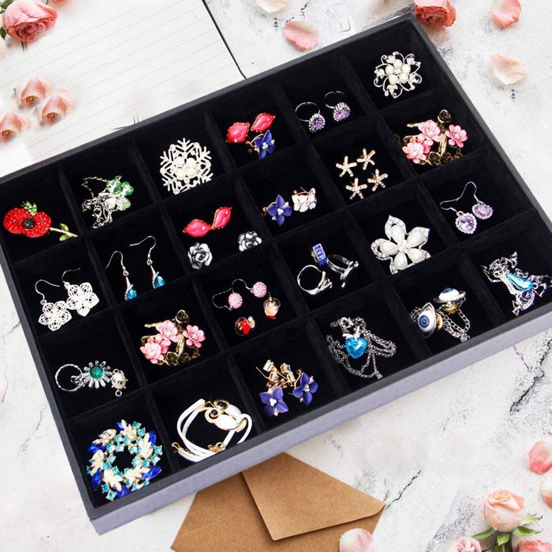 Pimuza Black Velvet Stackable 24 Grid Jewelry Tray Showcase Display Organizer Holder Dividers for Teen Stud Drop Earring, Watch, Bead, Trinket Storage Adjustable Box Case Dish for College Dorm Woman Drawer - Image 5